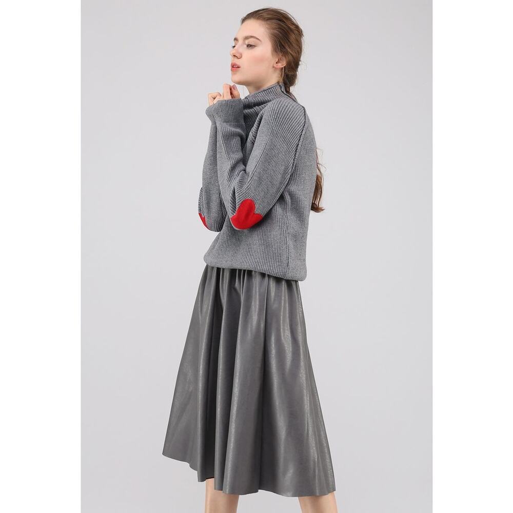 Gray Turtleneck Sweater with Red Heart Patches
